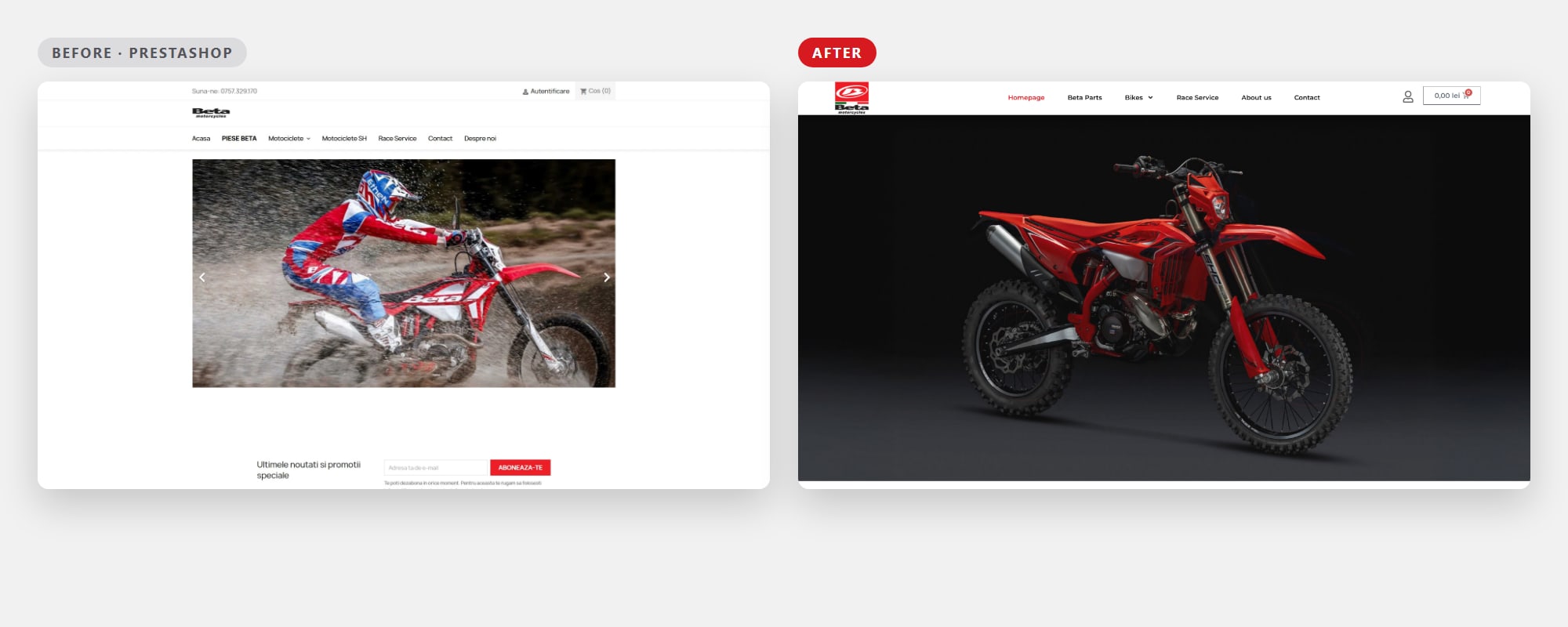 Beta Motors Romania homepage: the old PrestaShop shop and the new website