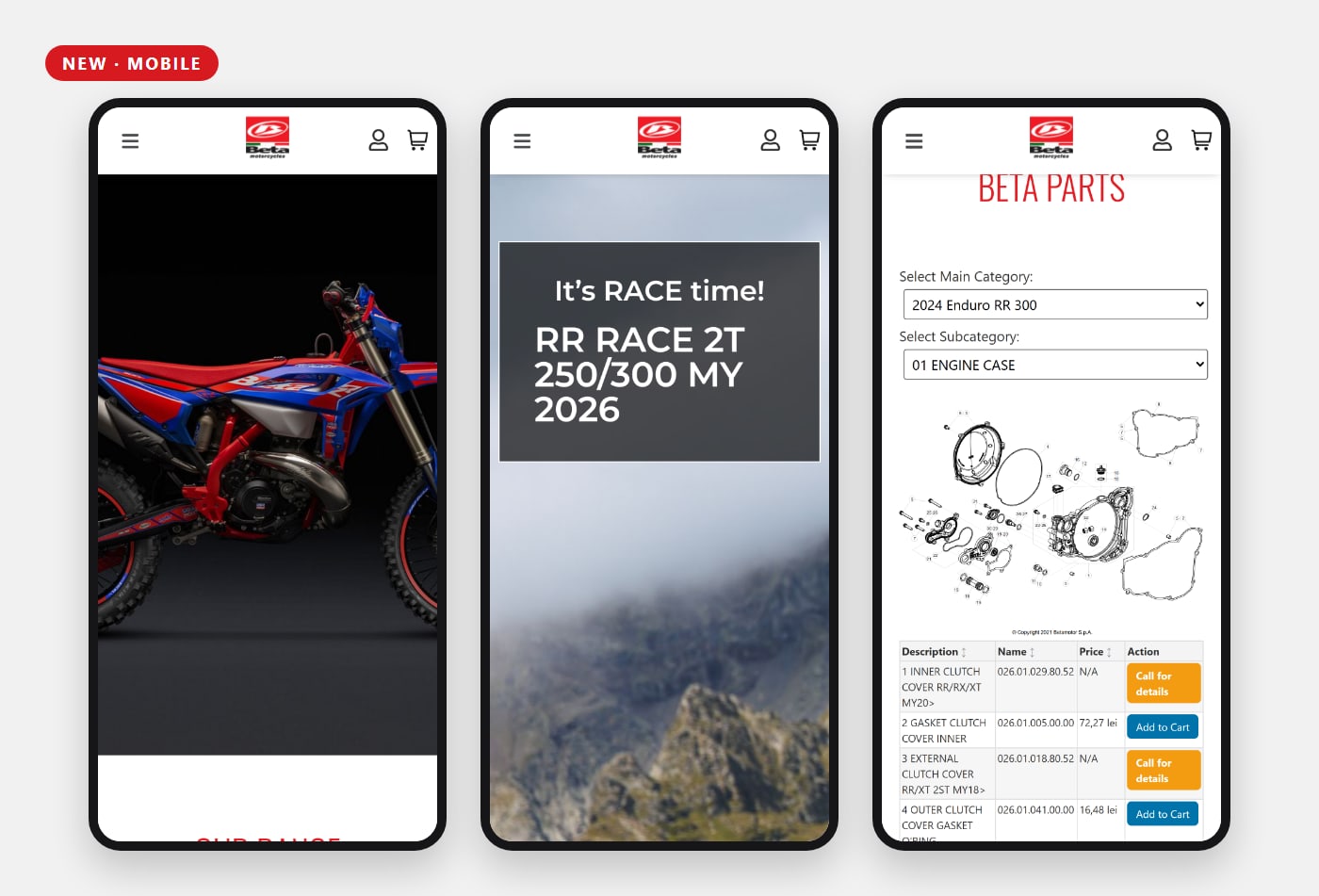 Beta Motors Romania on mobile: homepage, model page and parts finder