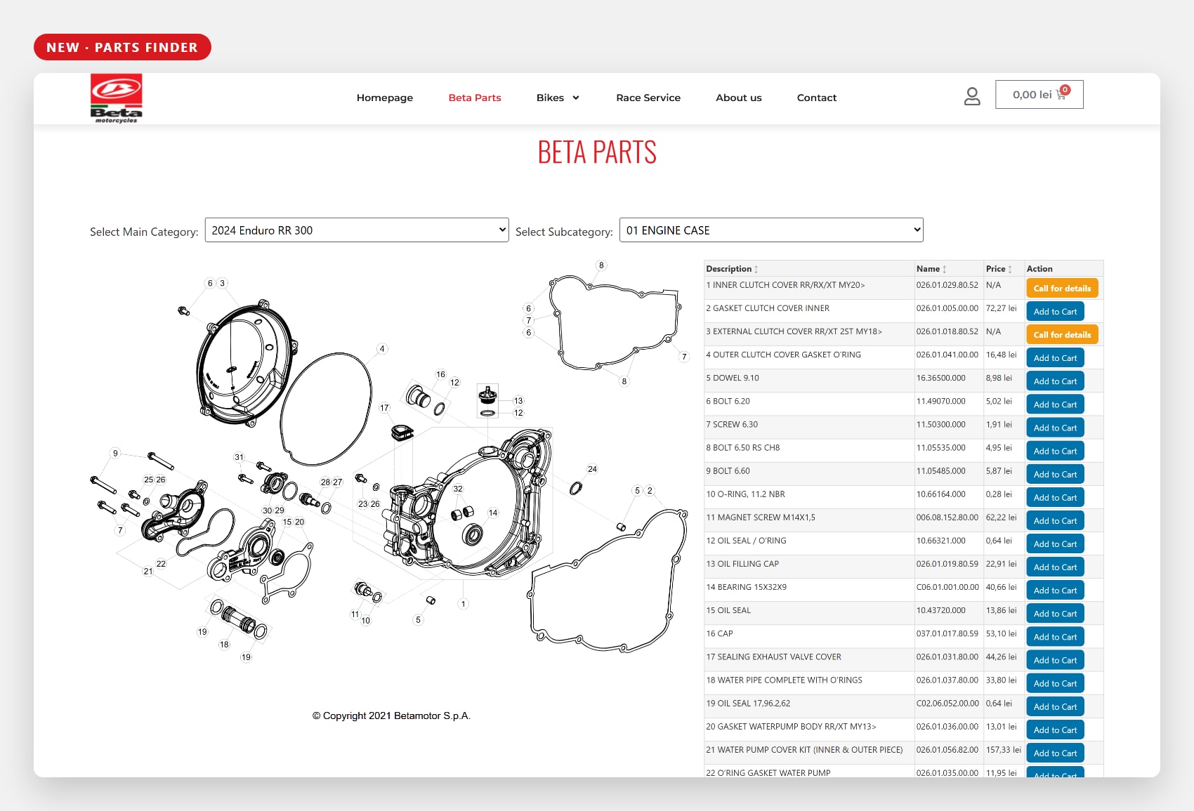 Beta parts finder: exploded diagram of the 2024 Enduro RR 300 engine case with part numbers, prices and add-to-cart