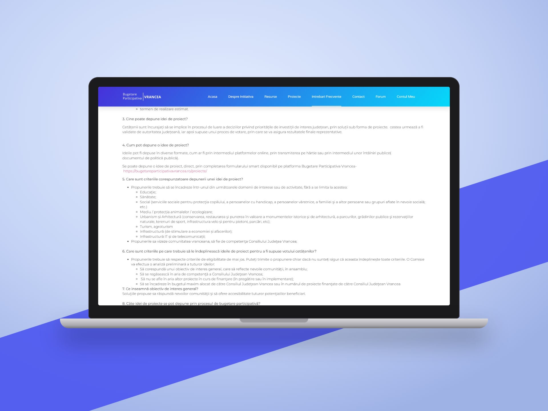 Bugetare Participativa Vrancea frequently asked questions on a laptop