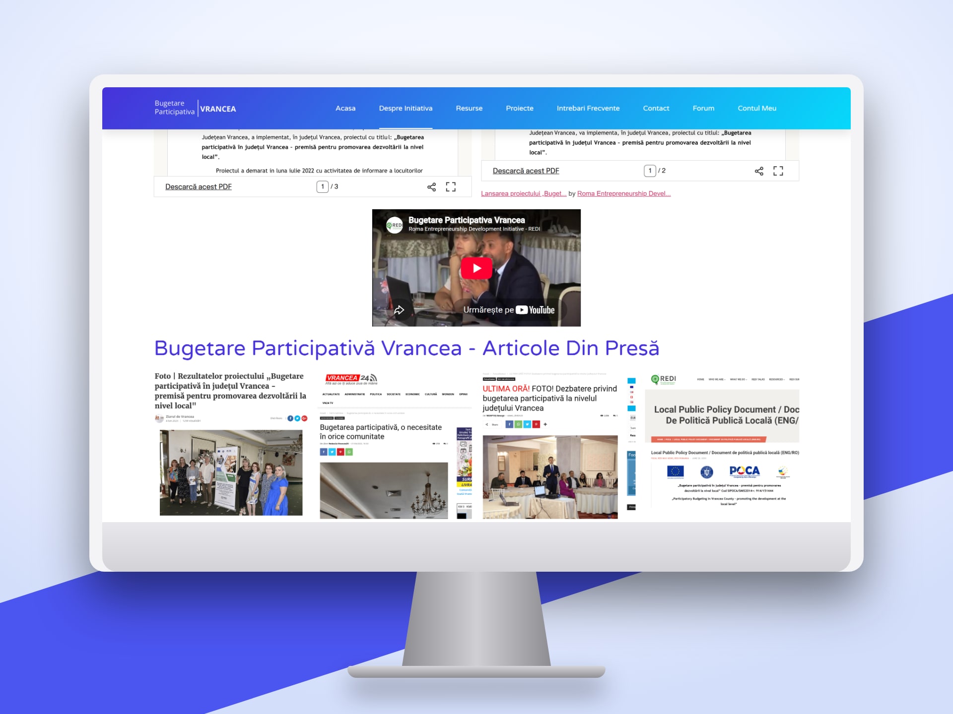 Bugetare Participativa Vrancea press coverage on the initiative page on a desktop monitor