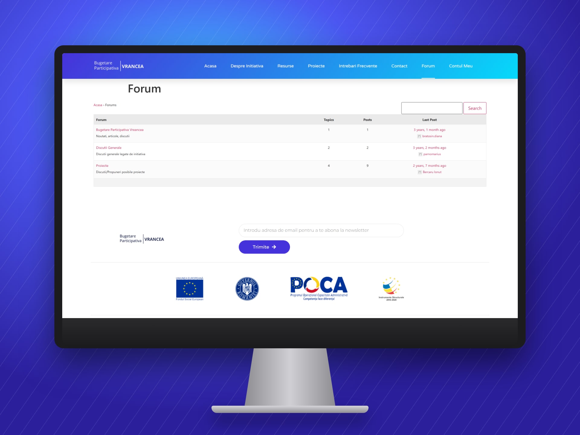 Bugetare Participativa Vrancea community forum on a desktop monitor