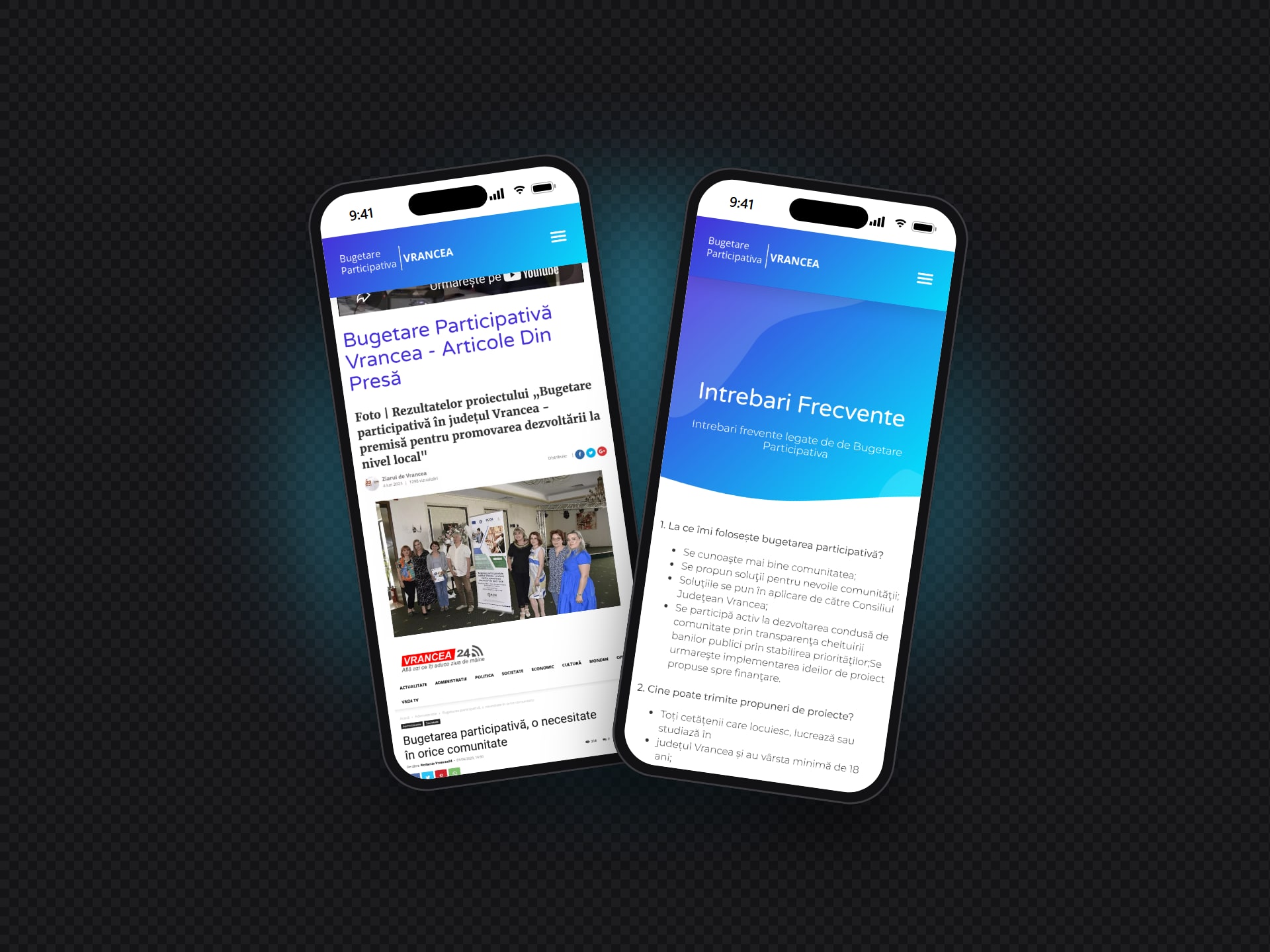 Bugetare Participativa Vrancea press articles and FAQ on mobile