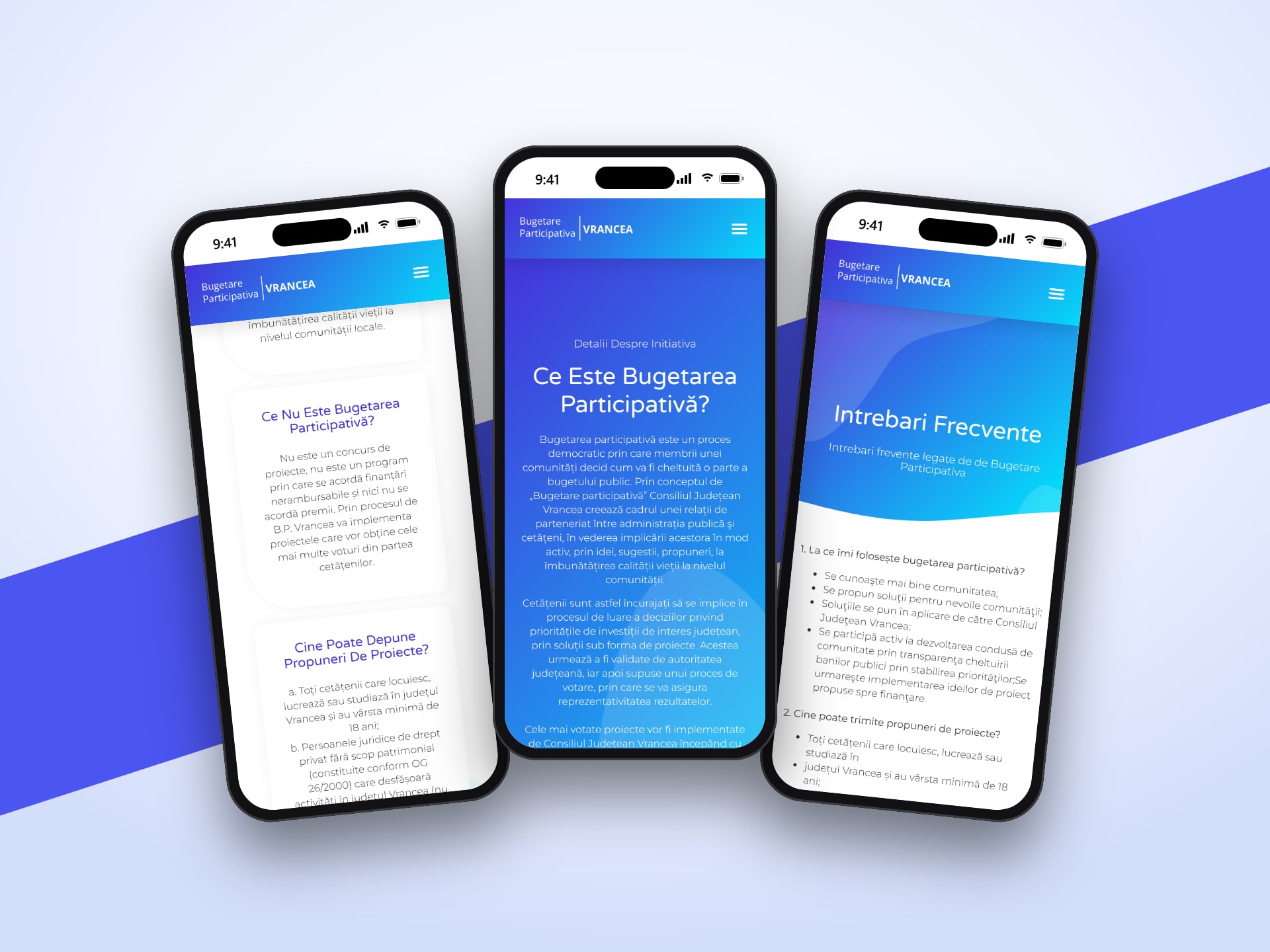 Bugetare Participativa Vrancea mobile pages: initiative, homepage and FAQ