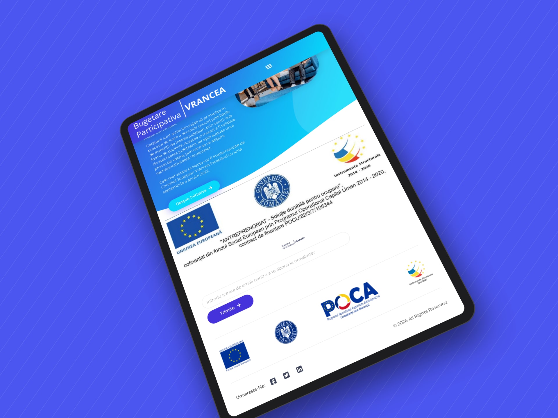 Bugetare Participativa Vrancea homepage on a tablet