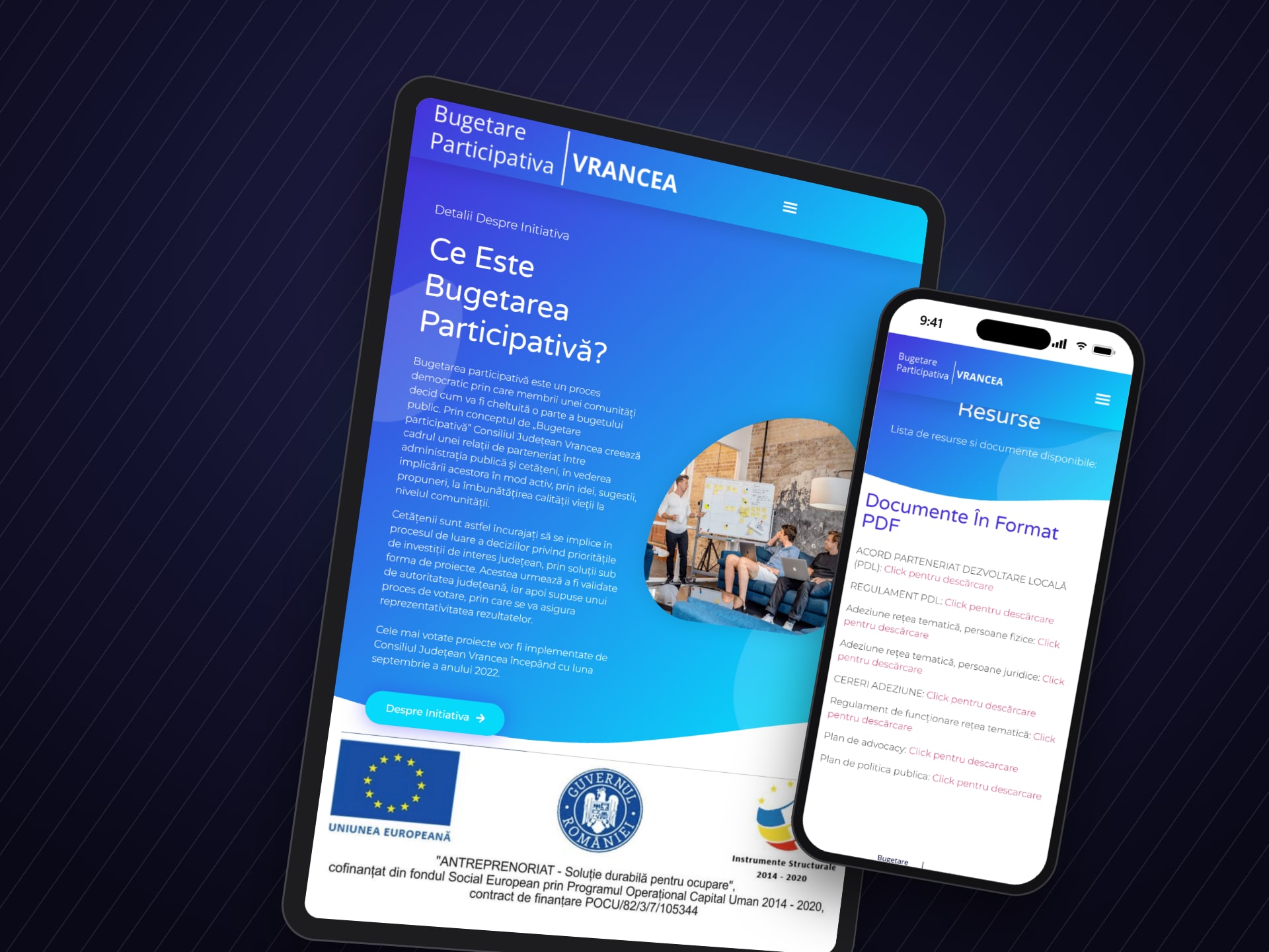Bugetare Participativa Vrancea on tablet and the resources page on mobile
