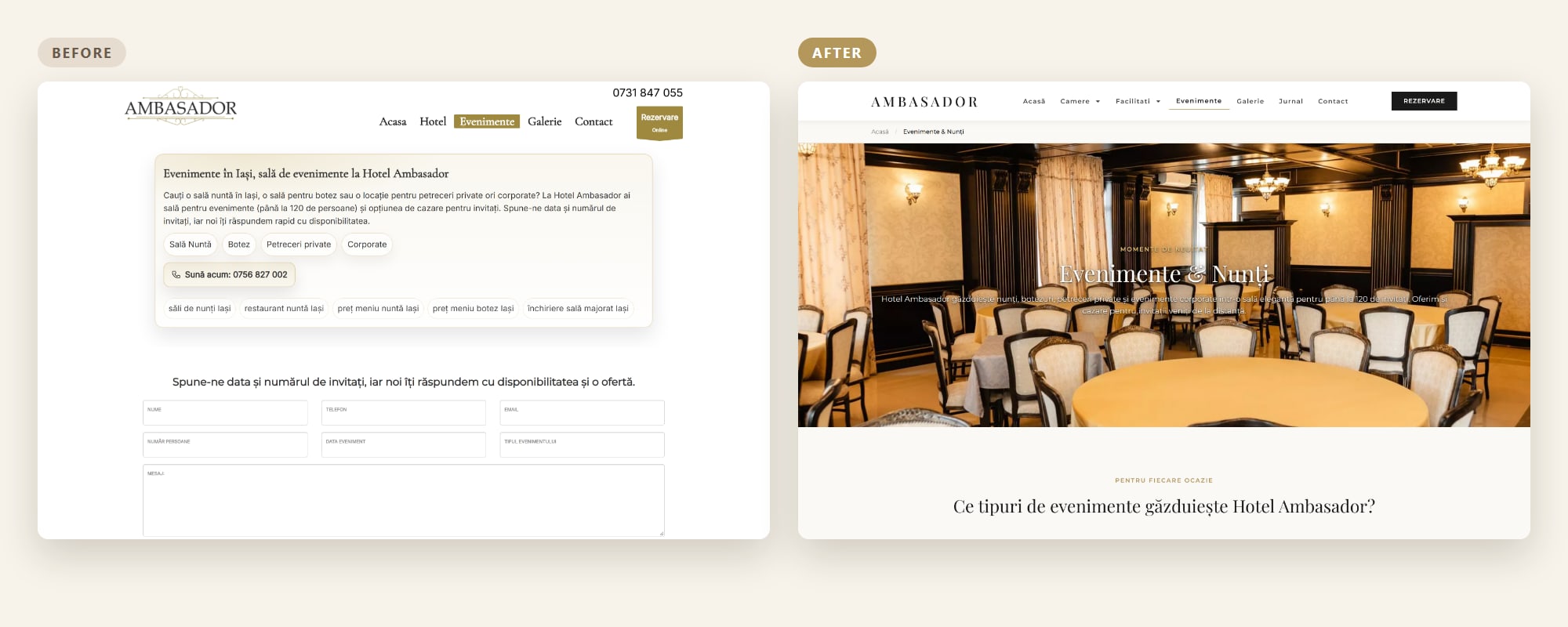 Hotel Ambasador events page before and after the redesign
