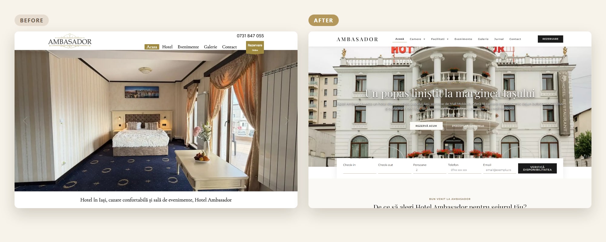 Hotel Ambasador homepage: the old website and the new one built from scratch