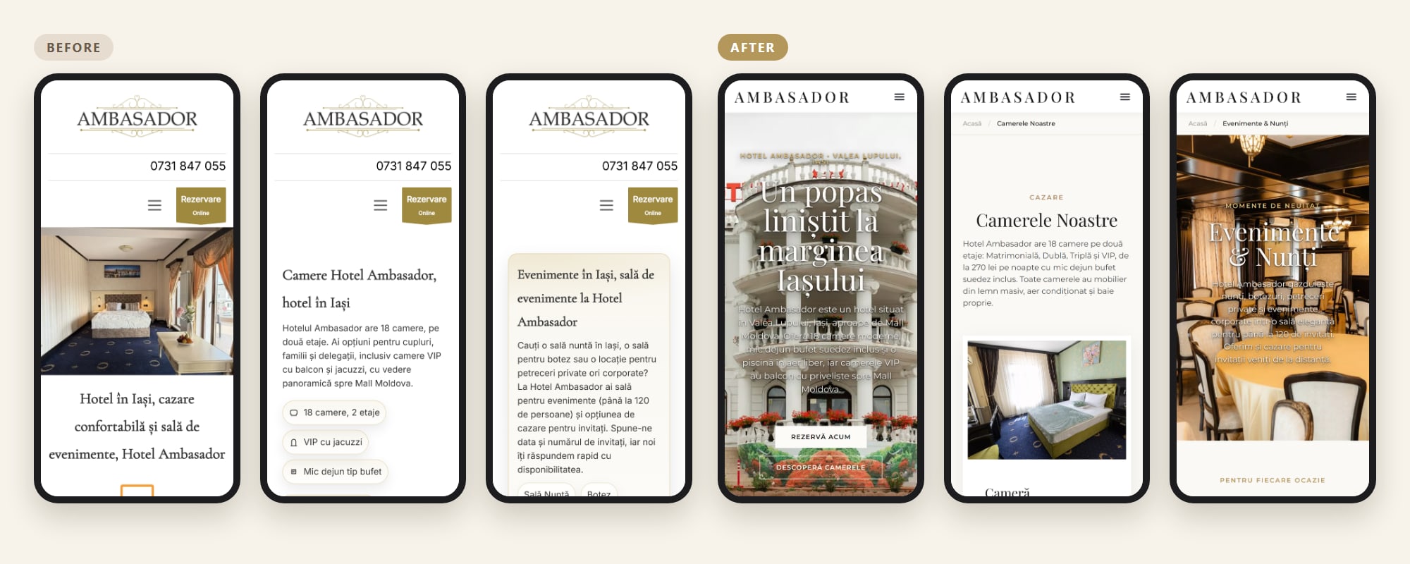 Hotel Ambasador on mobile before and after: homepage, rooms and events
