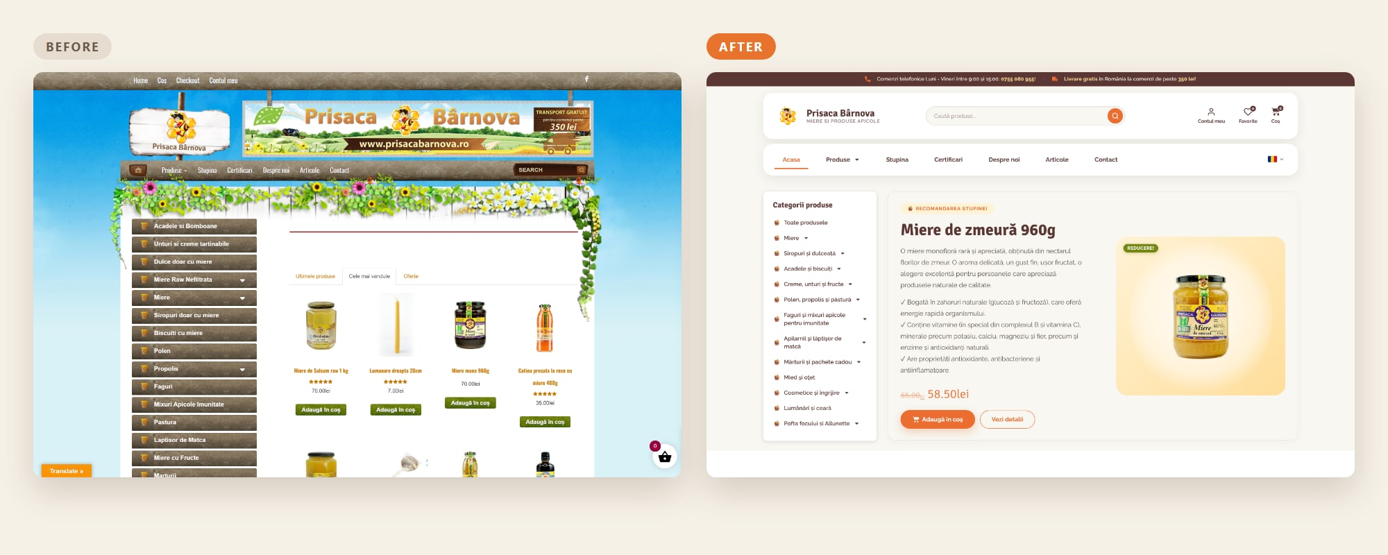 Prisaca Bârnova homepage before and after the redesign