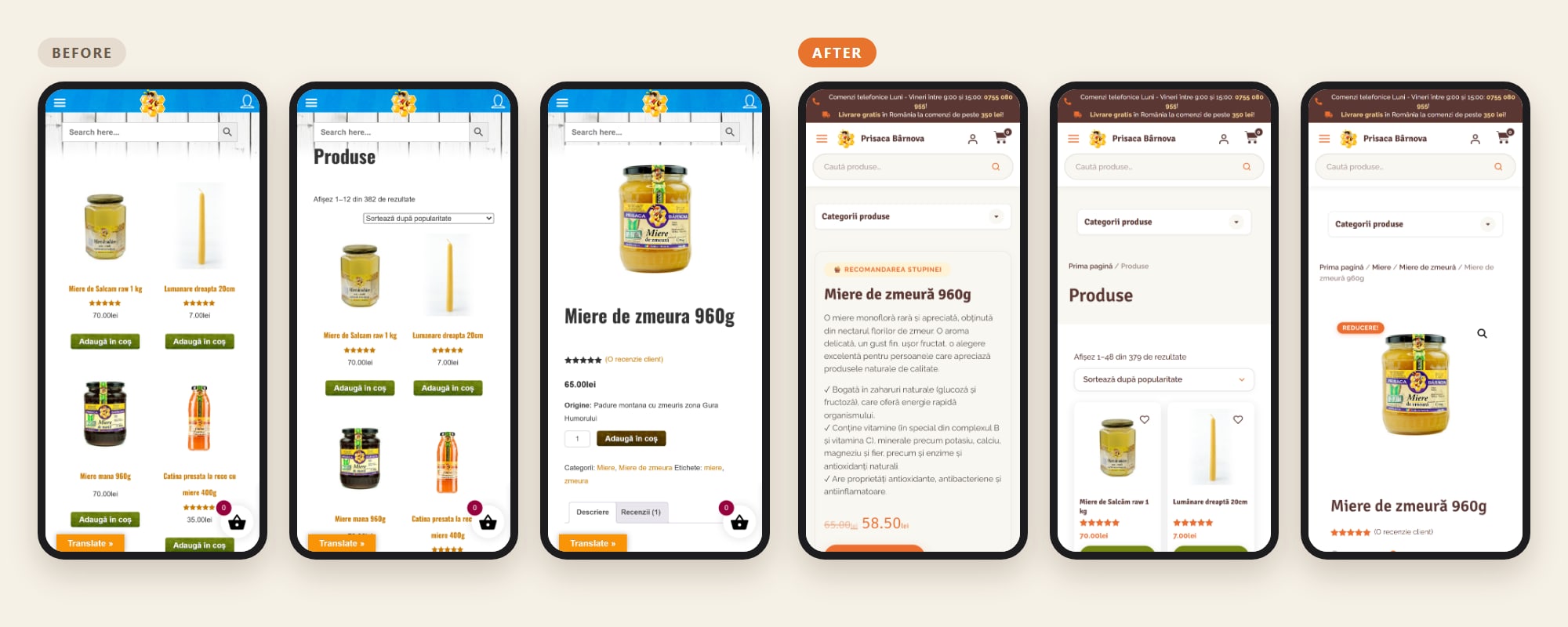 Prisaca Bârnova on mobile before and after: homepage, shop and product page