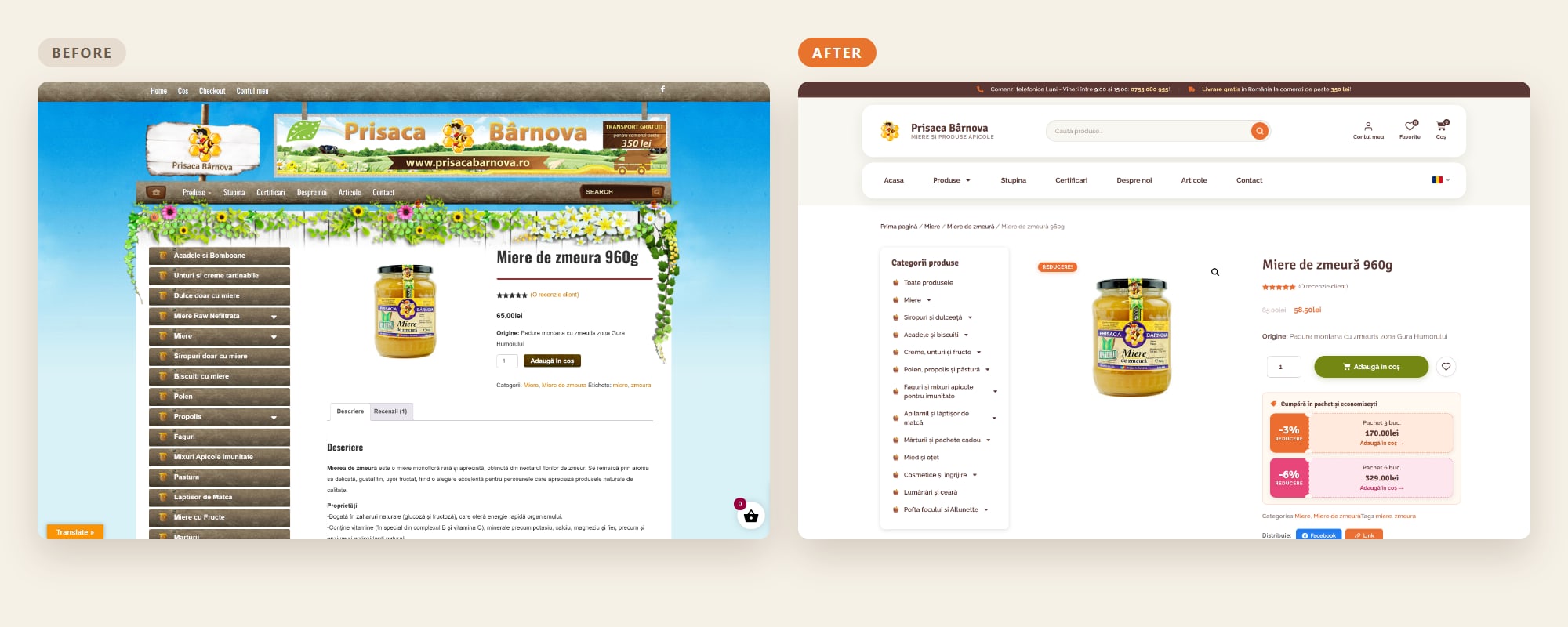 Prisaca Bârnova product page before and after the redesign